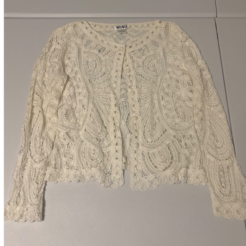 WEAVZ Ivory Cotton Lace Crochet Cardigan Boho Cottagecore Top Large C5